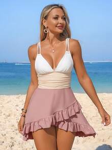 Swim Lushoire 两件套女士纯色撞色肩带荷叶边泳衣，时尚成熟，夏季 - 彩色 - 查看 5