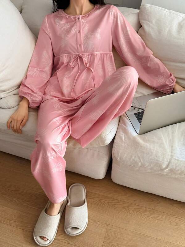 DAZY Floral Print Lantern Sleeve Pajama Set For Women