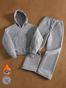 TOKVUE 男士字母刺绣拉链连帽衫和运动裤套装，休闲款 - 灰色 - 查看 1