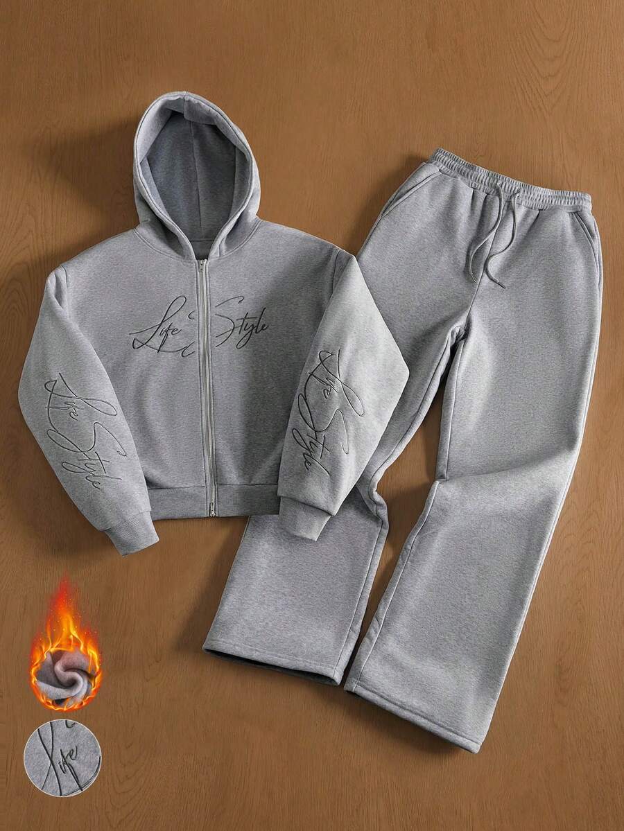TOKVUE 男士字母刺绣拉链连帽衫和运动裤套装，休闲款 - 灰色 - 查看 1