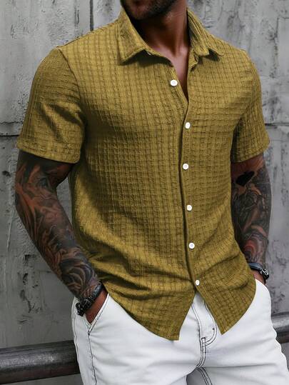 Manfinity RSRT Men's Solid Color Front Button Casual Versatile Short Sleeve Shirt Mens Crochet Shirts Mens Button Shirts Summer Men Casual Short Sleeve Shirt Knitted Shirt For Men Brown Shirt For Men Old Money,Daily Leisure, Weekend Trips, Outdoor Activities, Travel Expeditions, Relaxed Work Environments Or Semi-Formal Occasions, Boyfriend/Husband Gift, Anniversary /Birthday Gift Party Summer Vacation Holiday New Years Wedding Valentine's Day