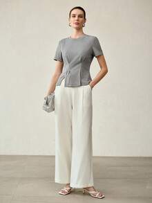 MOTF PREMIUM FASHIONABLE & EXQUISITE HIGH-END DESIGN SEQUIN EMBELLISHED ROUND NECK SHORT SLEEVE WOMEN T-SHIRT - Grey - View 2