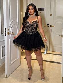 NU&NOW Women's Romantic, High-End, Casual, Young, Fashionable, Elegant Black Lace, Sexy, Knitted, Elastic, Grid Design Waist-Slimming, Minimalist, Commuting, Daily Wear, Slim, Versatile Dress, Suitable For Spring, Autumn, Winter - Black - View 4