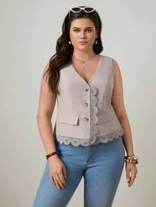 Zelara Plus Size Solid Color Lace Patchwork V-Neck Front Button Sleeveless Vest - Apricot - View 5