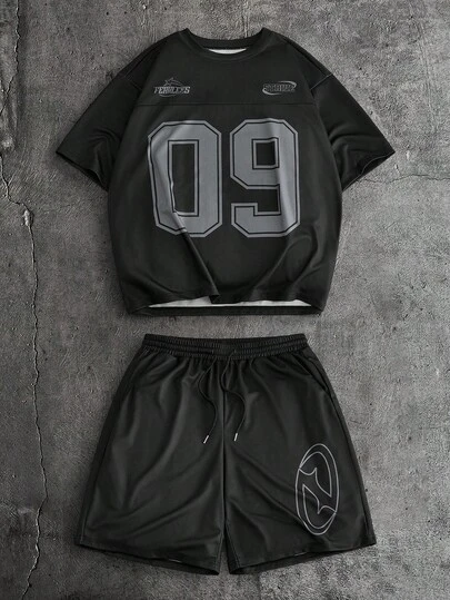 AXEPEAK Conjunto de camiseta de manga corta con cuello redondo y estampado numérico casual y pantalones cortos para hombre, de verano