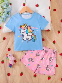Conjunto de Pijama de Verão para Meninas Pequenas - Top de Manga Curta com Estampa de Coroa e Unicórnio em Azul Claro + Shorts com Estampa de Arco-íris e Nuvem Rosa, Estilo Princesa Fofo e Casual Solto, Roupa de Casa de Verão para Bebês com Estampa Fofa de Unicórnio Cartoon - Azul - Visão 5