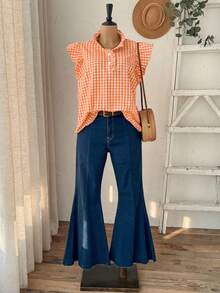 Rusticease Áo kiểu nữ cỡ lớn mùa hè dáng rộng, họa tiết kẻ caro, cổ cao, bèo nhún, tay bồng/ Áo đi nghỉ hè, phong cách đồng quê mùa xuân cho nữ. - trái cam - Xem 5