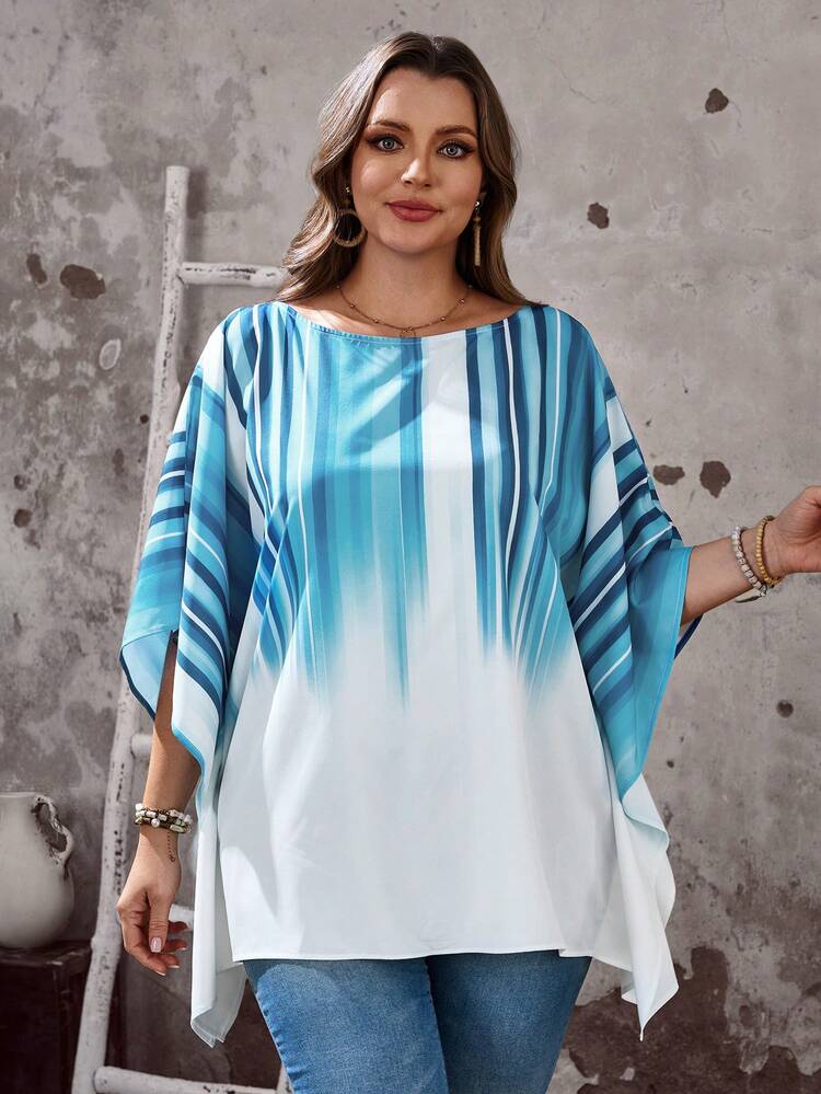 Plus Size Women's Summer Casual Vacation Country Ombre Round Neck Short Sleeve Batwing Sleeve Gradient Print Loose Fit Blouse, Spring/Summer/Vacation,Holiday,Spring Break,Vacation,Going Out,2026 New,Simple And Fashionable For Everyday Wear, Suitable For Summer, Vacation,Daily Wear, White And Blue Top, Beach Tops For Women