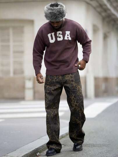 Heavens Edit 男士豹纹牛仔裤，复古时尚休闲宽松直筒裤，垃圾摇滚