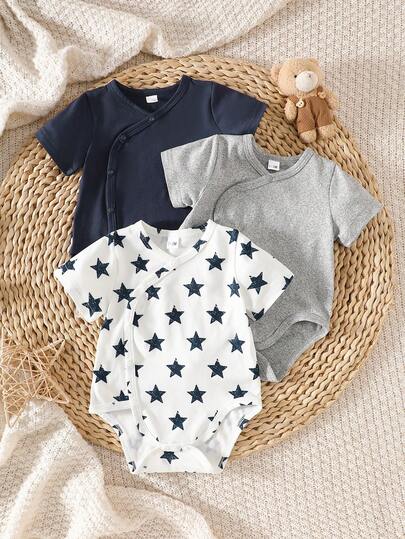 SHEIN 3pcs/Set Newborn/Infant/Toddler Boys/Girls Cute Casual Minimalist Comfortable Soft Breathable Short Sleeve Romper, Adorable Bear Print Pattern, Suitable For Spring, Summer, Autumn, Winter, Daily Wear, Birthday Party, Photography Newborn Stars 3 Pack Infant Outfit Newborn Unisex Clothes Unisex Baby Clothes Baby Boy Baby Girl Unisex Baby Clothes Summer Newborn Short Sleeve Romper