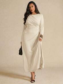 SHEIN BAE Đầm dài tay xếp ly thanh lịch dành cho nữ cỡ lớn, màu vàng, thích hợp cho mùa thu/đông. - Màu be - Xem 1