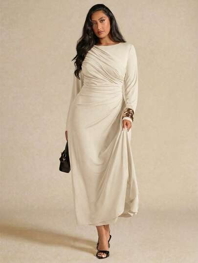 SHEIN BAE Plus Size Women's Elegant Long Sleeve Pleated Dress, Yellow, Autumn/Winter Cream Dresses For Women Long Sleeve Elegant Dress Ivory Dresses For Women Draped Dress Beige Dress
