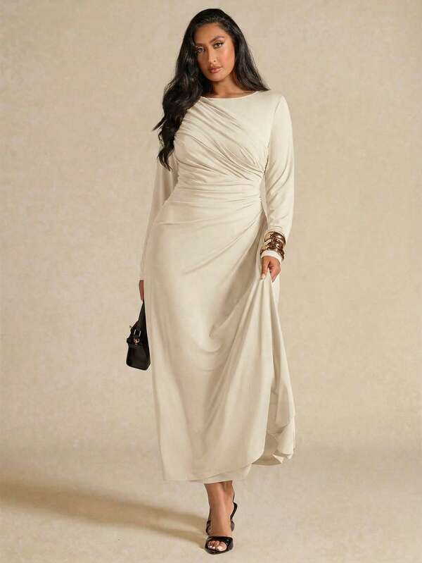 SHEIN BAE فستان طويل أنيق بأكمام طويلة وطيات للمرأة ذات الحجم الكبير، باللون الأصفر، مناسب للخريف والشتاء