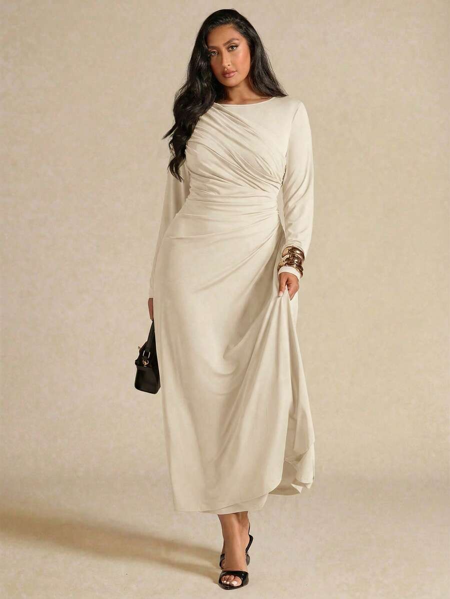 SHEIN BAE Đầm dài tay xếp ly thanh lịch dành cho nữ cỡ lớn, màu vàng, thích hợp cho mùa thu/đông. - Màu be - Xem 1