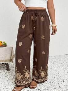 SHEIN Frenchy 大码女式印花系带阔腿休闲裤棕色裤子女式夏季裤刺绣裤印花裤抽绳裤春季女式下装 - 棕色 - 查看 5