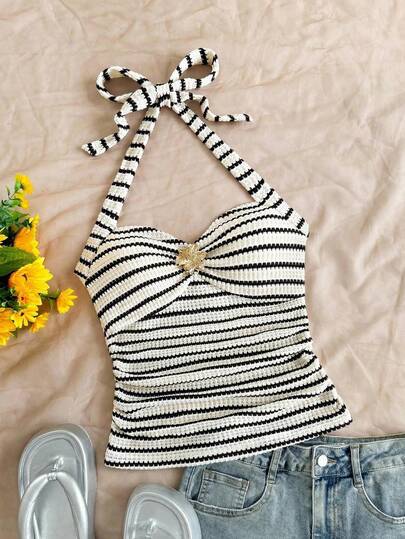 SHEIN Tween Girls' Summer Beach Vacation Striped Pattern Metallic Floral Decor Ruffle Twist Halter Top