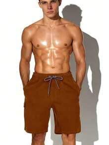 Manfinity KASUA Men's Drawstring Waist Cargo Pocket Casual Beach Shorts - Coffee Brown - View 3