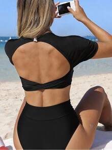Swim SPRTY 女士露脐运动泳衣上装，黑色 - 黑色 - 查看 4
