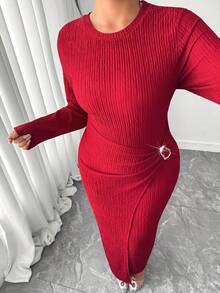 Elenzga Plus Size Women Elegant Red Modest Satin Party Dress,Autumn Long Sleeve Minimalist Ribbed Textured Fabric Metal Ring Decor Fitted Commute Daily Gown - Burgundy - View 8