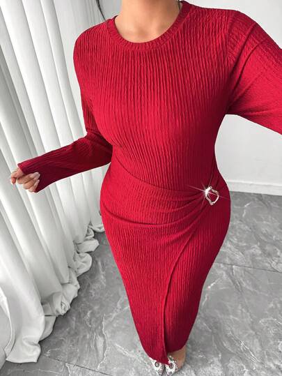 Elenzga Plus Size Women Elegant Minimalist Commute Daily Date Holiday Metal Ring Decor Textured Fabric Fitted Wine Red Dress
