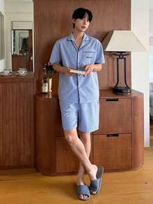 DAZY 格子蓝衬衫搭配男士休闲家居服，夏季 - 彩色 - 查看 8