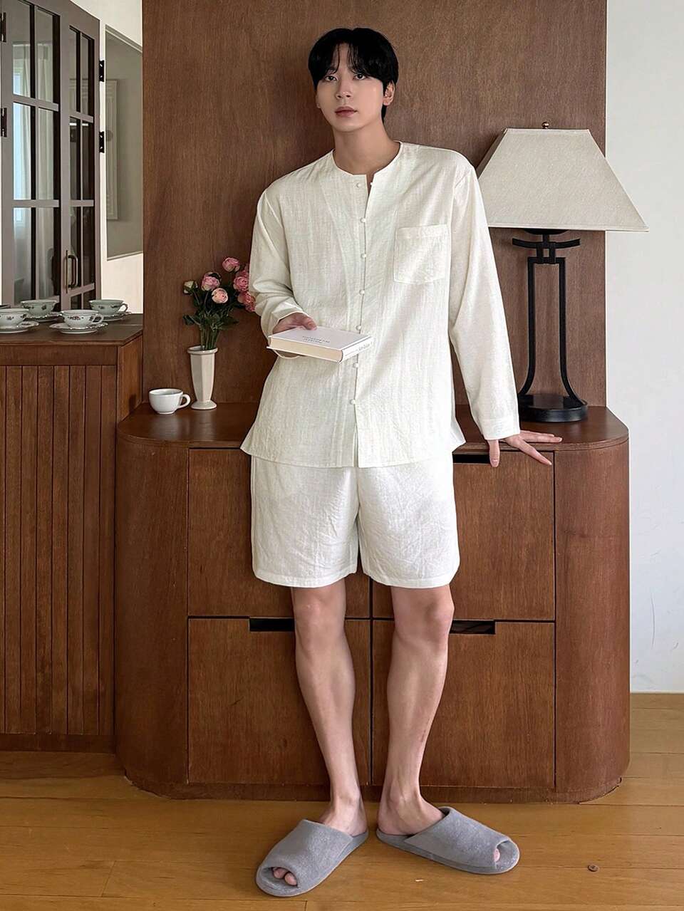 Men's Solid White Shirt And Shorts Pajama Set, Spring/Summer