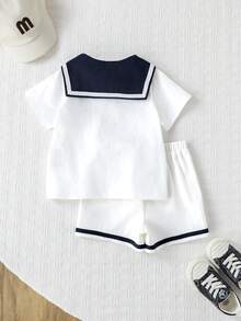 SHEIN 3pcs/Set Unisex Baby Boy Sailor Style Outfit,White Summer Knit Top,Shorts & Navy Blue Cape Set,Elegant Page Boy Clothes For Wedding Christening Gift - White - View 2