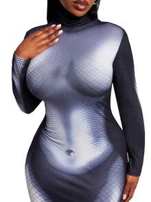 SHEIN SXY 大码时尚性感印花高领修身长裙 - 彩色 - 查看 8