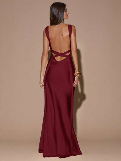 SHEIN BAE Sexy Minimalist Solid Color Yellow/Cream Deep V-Neck Sleeveless Backless Tie Dress, Suitable For Party, Cocktail, Formal Occasions, Bridesmaid, Birthday, Christmas, Business Casual