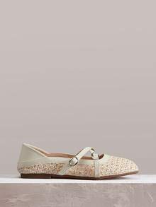 Styleloop Women Shoes Holiday Style Woven Shoes Noodle Belt Women's Flat Shoes Holiday Style Wear BOHO Wear American Retro Style Bohemian Style Western Style Music Festival Wear Party Wear Flat Women's Shoes - Apricot - View 4