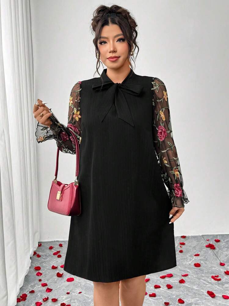 SHEIN Elenzya Plus Size Women's Popular H Floral Mesh Color Block V-Neck Bow Tie Maxi Dress, Ruffle Cuff Long Sleeve, Beaded Decor, Suitable For Daily Commute, Valentine's Day, Party, Evening Wear, Autumn/Winter - Black - View 6