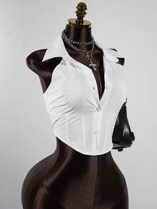 SaltGleam SaltGleam Áo sơ mi nữ không tay dáng ôm, màu trơn, cài một hàng cúc, kiểu dáng thường ngày. - trắng - Xem 5