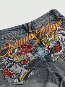 ROMWE Avant 复古低腰女士牛仔短裤，饰有虎头和艺伎刺绣，新款中国风 - 藍色 - 查看 4