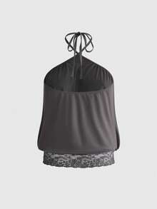 ROMWE Avant 复古撞色蕾丝宽松露背吊带背心（女款） - 黑色 - 查看 2