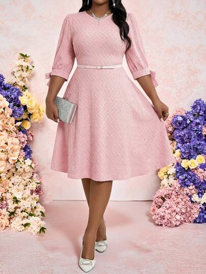 Fleurora 大码女士优雅收腰圆领派对连衣裙