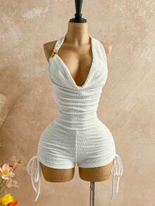 Soleia 女士复古渐变印花网纱金属装饰层叠荷叶边深V领连体裤，性感显瘦时尚，适合派对、约会、情人节、狂欢节、复活节、西部牛仔风、邮轮旅行、假日、海滩、音乐节、波西米亚风度假等场合，四季皆宜。 - 白色 - 查看 8