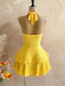 Soleia Đầm ngắn gợi cảm cổ chữ V, khoét sâu, dây buộc cổ, hở lưng, chất liệu vải dệt họa tiết, nhiều lớp, vạt không đều, thích hợp cho tiệc tùng, Giáng sinh, hẹn hò, hộp đêm, bãi biển, du thuyền, trà chiều, phong cách Bohemian, Boho, kỳ nghỉ, trang phục mùa thu dành cho nữ, phong cách vintage. - Màu vàng - Xem 2