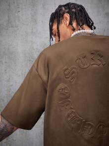 AXEPEAK 男士街头风透气绒面植绒宽松落肩圆领短袖T恤 - 咖啡棕 - 查看 5