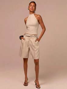 COSMINA 露背系带上衣和短裤套装，条纹两件套，优雅OL套装，杏色，适合办公室、街头风格，时尚搭配套装，夏季女装 - 杏色 - 查看 1