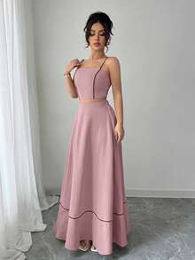 Elenzga 女士优雅吊带上衣和A字型长裙两件套，时尚/度假休闲 - 藕粉色 - 查看 6