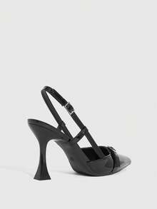 CUCCOO SZL Zapatos de mujer con hebilla y decoración de hebilla ajustable, tacón de copa de vino de 9 cm, tacones altos elegantes de tacón de aguja, material de PU espejo, tacones altos negros de tacón de gatito, versátiles y de moda, adecuados para uso diario/fiesta/Navidad/profesional - Negro grafito - Ver 3