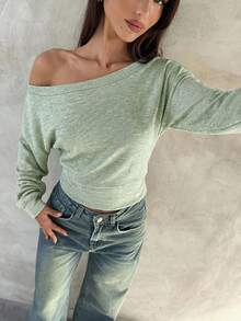 Aloruh Áo dệt kim tay dài màu mơ, kiểu dáng bất đối xứng vai, dành cho nữ, mẫu mới Thu/Đông. - màu xanh lá - Xem 5