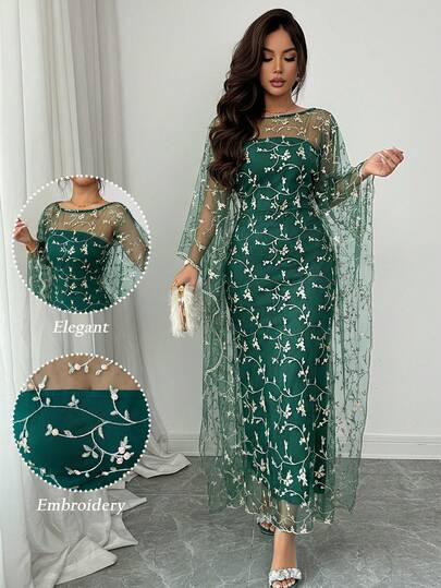 SHEIN Raffinéa 优雅花卉刺绣抹胸连衣裙和薄纱罩衫两件套，适合派对、春夏穿着