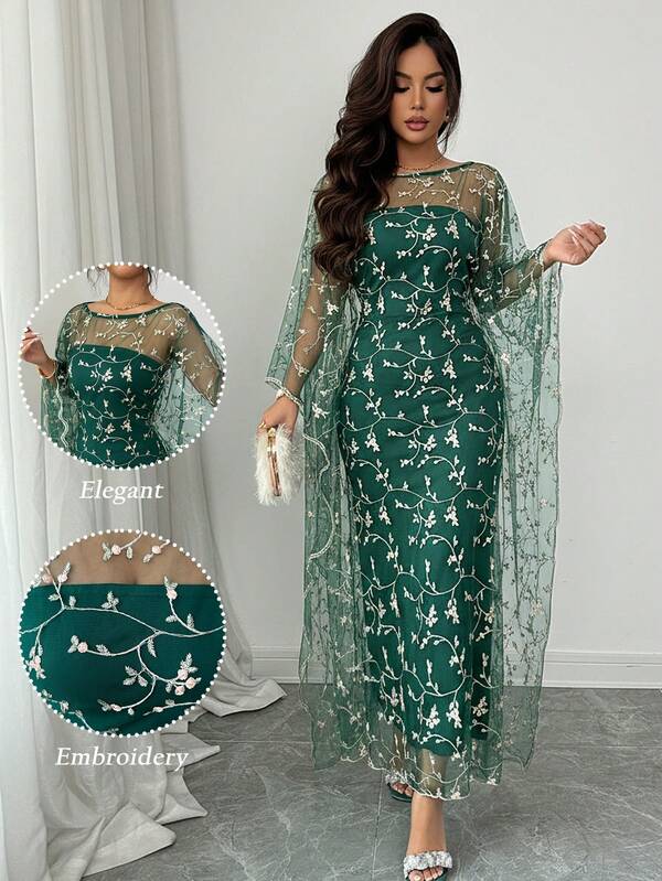 SHEIN Raffinéa Elegant Floral Embroidered Bandeau Dress And Sheer Overlay Bodycon 2 Pieces Set For Party, Spring/Summer