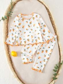 2 Potong Set Piyama Rajut Leher Bulat Berkerut Motif Kartun Lucu untuk Bayi Baru Lahir, Putih, Musim Gugur, Seragam Keluarga, Pakaian Tidur Nyaman untuk Bayi Perempuan - Putih - View 4