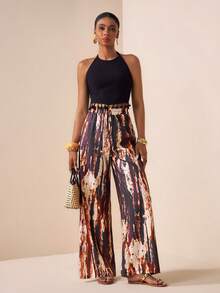 Zivah 2026春夏新款宽松高腰棕色扎染印花格子女裤，适合音乐节、复活节、波西米亚风、西部游牧风、休闲、海滩度假、日常穿着。 - 棕色 - 查看 7