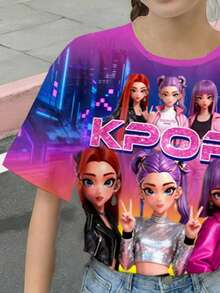 Áo thun ngắn tay cổ tròn, kiểu dáng thường ngày, màu neon rực rỡ, in hình hoạt hình cô gái K-POP ( ) dành cho bé gái tuổi teen, thích hợp mặc hàng ngày vào mùa xuân/hè, đi chơi, đi học, đi nghỉ mát. - Nhiều màu - Xem 3