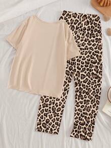 Bộ đồ ngủ 2 món cho bé gái tuổi teen, áo dệt kim họa tiết nơ và da báo kết hợp với quần in họa tiết da báo toàn thân, đồ mặc nhà thoải mái thường ngày. - Màu be - Xem 2