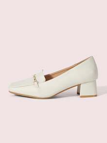 CUCCOO DOLLMOD 法国女鞋春秋季低帮方头中跟粗跟软皮金属扣乐福鞋 - 米色 - 查看 7