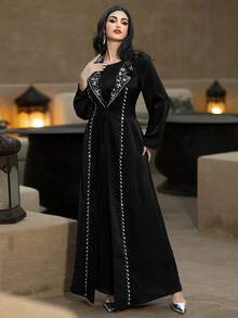 Layrah Rhinestone Embellished Handmade Long Abaya Jacket With Suit Collar Luxury Clothes For Women Sparkly Black Dress For Evening Party - Black - View 5